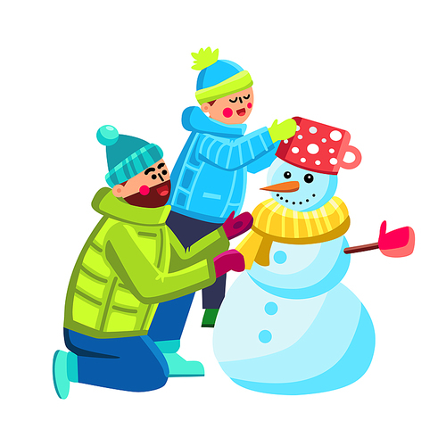 Snowman Making Father With Son Together Vector. Man And Boy Make Snowman From Snow Outdoor. Characters Parent With Child Wearing Winter Season Clothes Have Funny Time Flat Cartoon Illustration