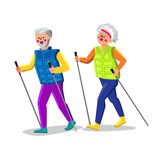 Nordic Walking Exercising Senior Couple Vector. Nordic Walking Exercise With Sticks For Walk Doing Old Man And Woman. Characters Grandfather And Grandmother Active Sport Time Flat Cartoon Illustration