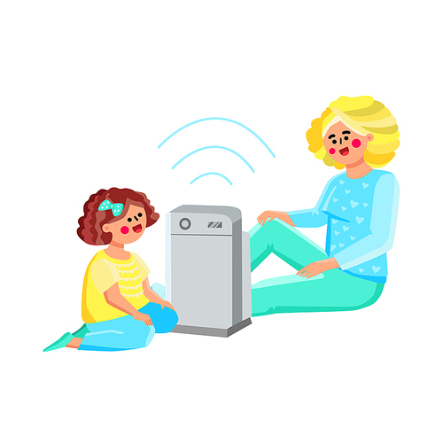 Air Purifier Cleaning And Wetting Gadget Vector. Woman And Little Girl Kid Sitting On Floor Near Electronic Device Air Purifier. Characters Mother And Daughter Use Equipment Flat Cartoon Illustration