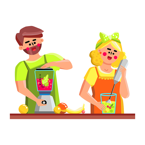 In Blender Tool Couple Preparing Smoothie Vector. Young Man And Woman Prepare Freshness Vitamin Cocktail From Delicious Fruits In Kitchen Equipment Blender. Characters Flat Cartoon Illustration