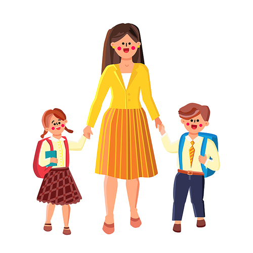 Go To School, Woman Lead Pupil Boy And Girl Vector. Mother Leading Son And Daughter To School. Characters Schoolboy And Schoolgirl Going On Lessons Together Flat Cartoon Illustration