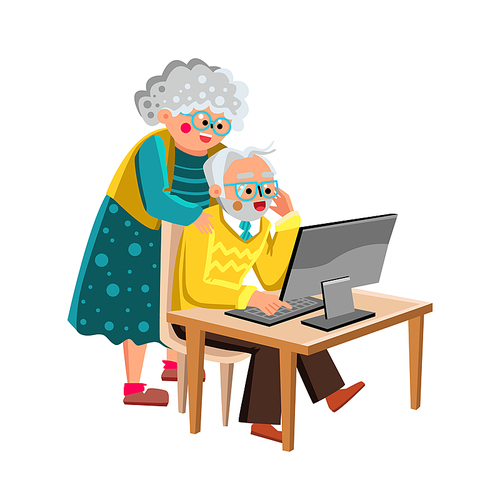 Grandma And Grandpa Working On Computer Vector. Grandma And Grandpa Senior Couple Watching On Screen. Characters Grandfather And Grandmother Online Communication Flat Cartoon Illustration