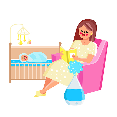 Air Humidifier Device Working In Child Room Vector. Woman Mother Sitting In Armchair And Reading Book For Newborn Baby, Humidifier Staying Near Chair. Characters Flat Cartoon Illustration