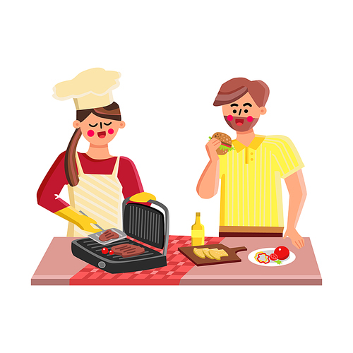Indoor Grill Fry Meat Girl And Boy Together Vector. Young Man Eating Burger And Woman Frying Steaks On Indoor Grill Equipment. Characters Grilling Tool And Ingredients Flat Cartoon Illustration