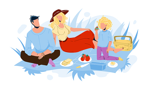 Family Picnic Man, Woman And Girl In Nature Vector. Father, Mother And Daughter Relaxing On Family Picnic. Characters Sitting On Ground In Park And Eating Food Together Flat Cartoon Illustration