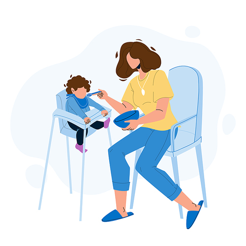 Baby Eating Food Breakfast With Appetite Vector. Mother Feeding With Spoon Child Sitting In Highchair, Little Kid Eat Meal With Appetite. Characters Woman And Infant Flat Cartoon Illustration