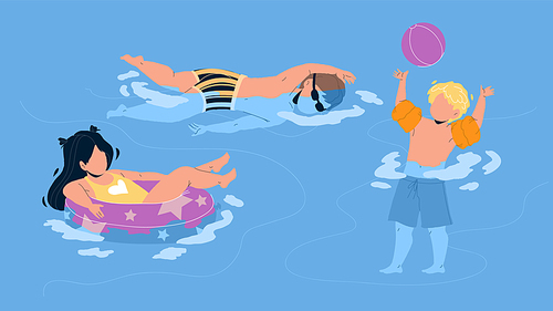 Kids Swimming And Playing In Waterpool Vector. Boy Play With Ball And Swim, Girl Floating On Lifebuoy, Children In Swimming Pool. Characters Summer Vacation Playful Time Flat Cartoon Illustration