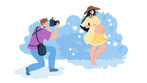Pregnant Woman Making Photo Photographer Vector. Man Using Digital Camera And Shooting Pregnancy Young Girl. Characters Photographing, Taking Picture On Gadget Flat Cartoon Illustration