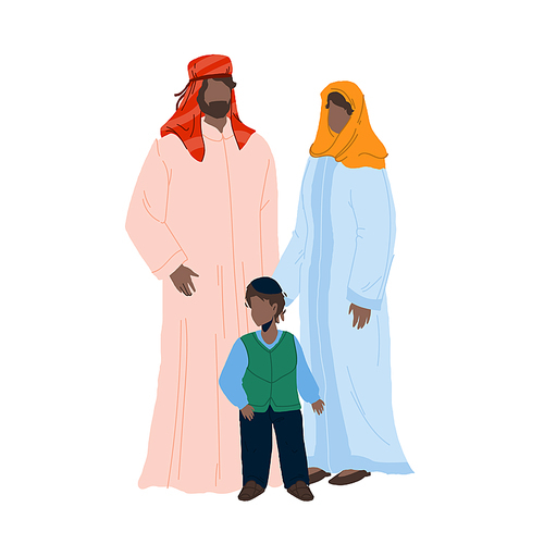 Arab Family People Father, Mother And Son Vector. Arabic Family Man, Woman And Boy Child Wearing Muslim Islamic Traditional Clothes Standing Together. Characters Flat Cartoon Illustration