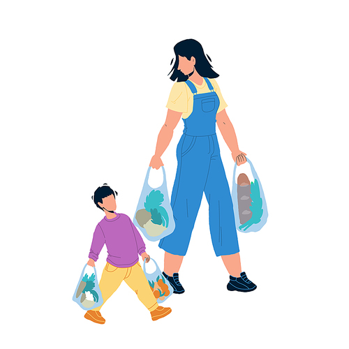Children Etiquette Help To Adult Carry Bags Vector. Children Etiquette And Good Manners, Boy Son Helping Mother Woman Carrying Products Food. Characters Kid With Parent Flat Cartoon Illustration