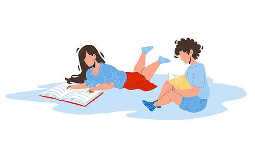 Children Read Information In Education Book Vector. Children Reading Educational Literature Or Interesting Story. Characters Boy And Girl Kids Lying On Floor And Learning Flat Cartoon Illustration