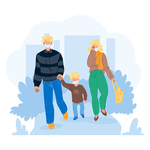 Dust Pollution Protective Mask Wear Family Vector. Father, Mother And Son Walking On Street And Wearing Facial Protection Accessory From Dust Or Dangerous Smoke. Character Flat Cartoon Illustration