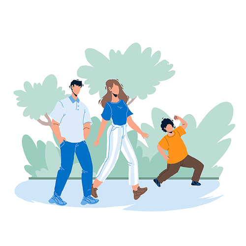 In Family Park Walking Parents With Child Vector. Father, Mother And Son Walk Together In Family Park. Characters Man, Woman And Boy Kid Happy Leisure Time Outdoor Flat Cartoon Illustration