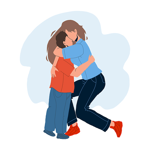 Mother Woman Hugging With Love Baby Son Vector. Young Girl Sister Hugging Child Brother. Characters Friendly Embracing Together, Family Enjoying And Have Sensual Time Flat Cartoon Illustration