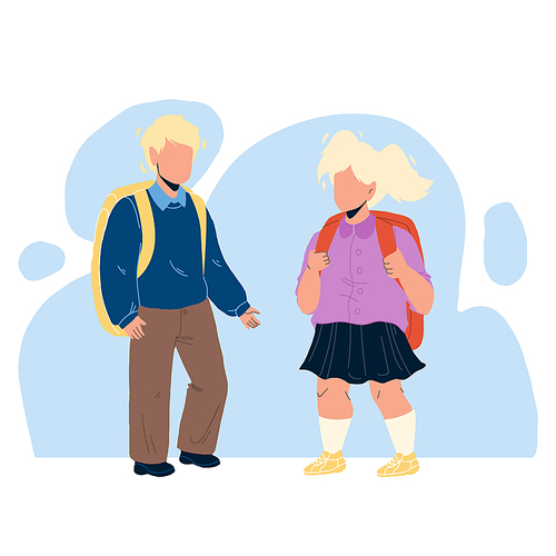 Pupils Kids With Backpack Staying Together Vector. Pupils Boy And Girl Going To Elementary School On Educational Lesson. Characters Children Schoolboy And Schoolgirl Studying Flat Cartoon Illustration