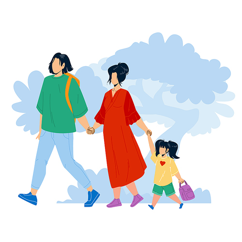Japanese Family Walking Together In Park Vector. Japanese Young Man, Woman And Girl Kid Holding Hands And Walk Outdoor. Characters Father, Mother And Daughter Leisure Time Flat Cartoon Illustration
