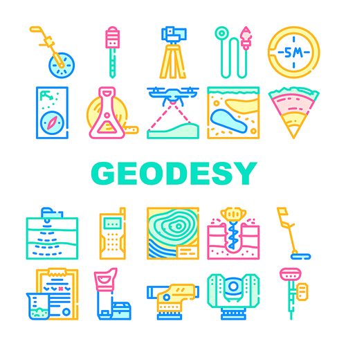Geodesy Equipment Collection Icons Set Vector. Odometer And Marking Peg, Picket And Compass, Roulette And Georadar, Geodesy Locator And Laser Concept Linear Pictograms. Contour Illustrations