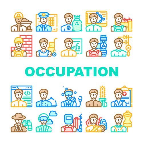 Male Occupation Job Collection Icons Set Vector. Miner And Policeman, Volunteer And Designer, Farmer And Builder, Mover And Plumber Occupation Concept Linear Pictograms. Contour Illustrations