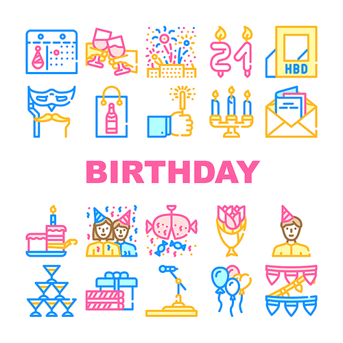 Birthday Event Party Collection Icons Set Vector. Envelope With Birthday Invitation And Calendar Date, Pinata With Candies And Burning Candles Concept Linear Pictograms. Contour Illustrations