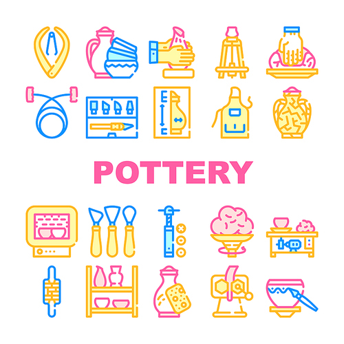 Pottery Production Collection Icons Set Vector. Pottery Finished Products And Clay Rolling Machine, Roasting Chamber And Screw Extruder Concept Linear Pictograms. Contour Illustrations