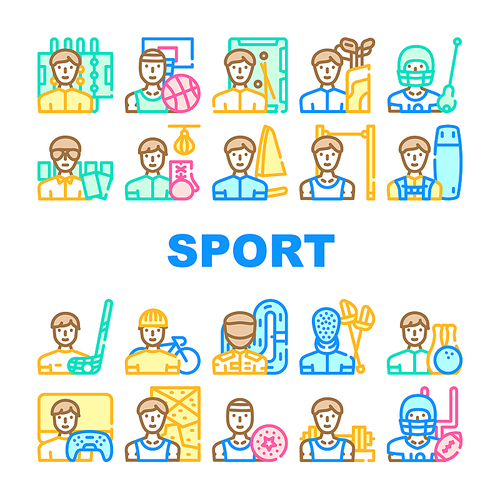 Male Sport Activities Collection Icons Set Vector. Basketball And Soccer, Golf And Lacrosse, Boxing And Sailing, Powerlifting And Bowling Sport Concept Linear Pictograms. Contour Illustrations