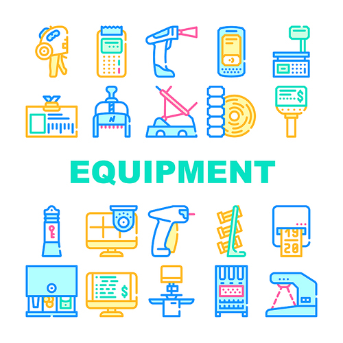 Shop Equipment Device Collection Icons Set Vector. Shop Portable Cash Register And Libra, Seller Badge And Numerator, Barcode Scanner And Price Checker Concept Linear Pictograms. Contour Illustrations