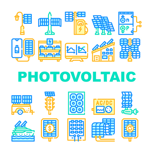 Photovoltaic Energy Collection Icons Set Vector. Solar Power Aircraft And Ship, Photovoltaic Inverter And Battery, Work Principle And Structure Concept Linear Pictograms. Contour Color Illustrations