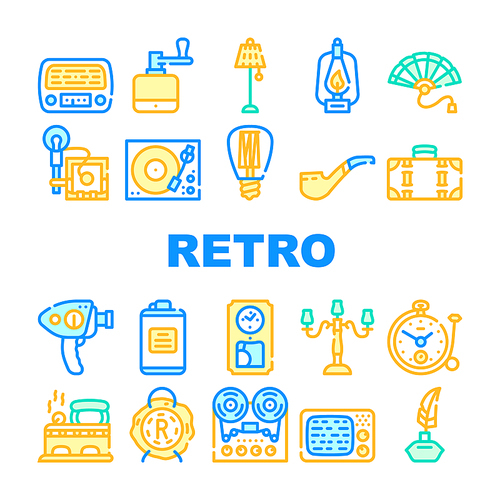 Retro Stuff Devices Collection Icons Set Vector. Retro Kerosene Burner And Lightbulb, Radio And Music Turntable, Photo And Video Camera Concept Linear Pictograms. Contour Color Illustrations