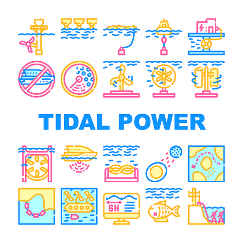 Tidal Power Plant Collection Icons Set Vector. Industrial Tidal Power Station And Voltage Control, Scheme Plan Of Work And Environment Harm Concept Linear Pictograms. Contour Color Illustrations