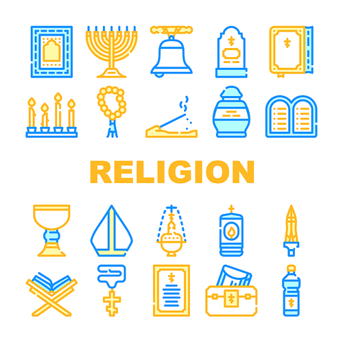 Religion Holy Praying Collection Icons Set Vector. Church Bell And Bible Book, Grave And Burial Urn, Candles And Lamp, Pectoral Cross And Prayer Concept Linear Pictograms. Contour Color Illustrations