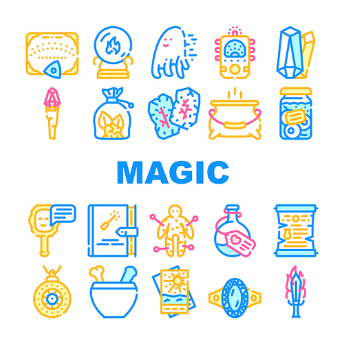 Magic Mystery Objects Collection Icons Set Vector. Sphere For Spiritism And Magic Cards, Ouija Board For Communicating With Spirits And Runes Concept Linear Pictograms. Contour Color Illustrations