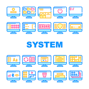 Operating System Pc Collection Icons Set Vector. Computer System Data Security And Error, Connection And Download, Media Files And Folders Concept Linear Pictograms. Contour Color Illustrations