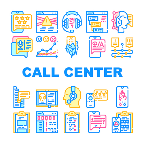 Call Center Service Collection Icons Set Vector. Call Center Operator And Chat Communication With Client And Support, Solve Problem And Help Concept Linear Pictograms. Contour Color Illustrations