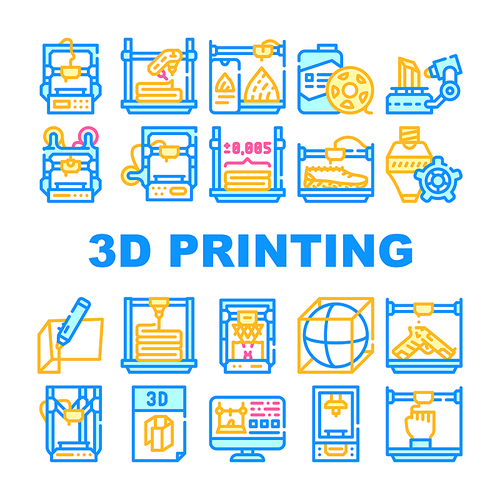 3d Printing Equipment Collection Icons Set Vector. 3d Printing Device And Scanner, Mobile Control And Monitor Settings, Details And Powder Concept Linear Pictograms. Contour Color Illustrations