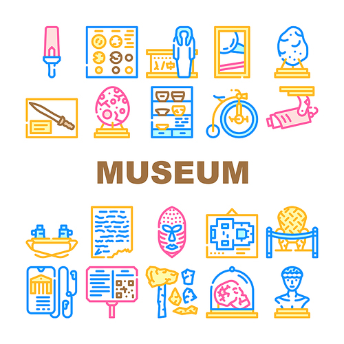 Museum Exhibits And Excursion Icons Set Vector. Museum Cctv And Audio Guide, Coins And Skull, Dinosaur Egg And Meteorite, Statue And Pottery Concept Linear Pictograms. Contour Color Illustrations