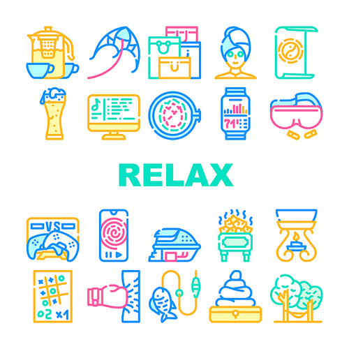 Relax Therapy Time Collection Icons Set Vector. Relax Shopping And Yoga, Music And Video Games, Beer And Tea, Fishing And Camping Concept Linear Pictograms. Contour Color Illustrations