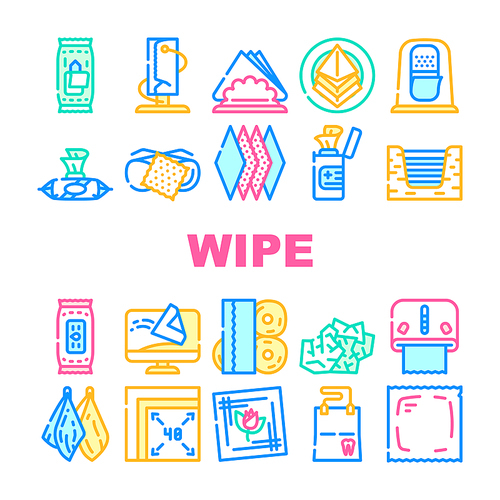 Wipe Hygiene Accessory Collection Icons Set Vector. Wet Wipe And In Vacuum Package, Napkin In Roll And On Plate, For Cleaning Glasses And Dental Concept Linear Pictograms. Contour Color Illustrations