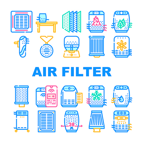 Air Filter Accessory Collection Icons Set Vector. Ventilation, Purifier And Humidifier Air Filter Replacement, Electronic Device Phone Control Concept Linear Pictograms. Contour Color Illustrations