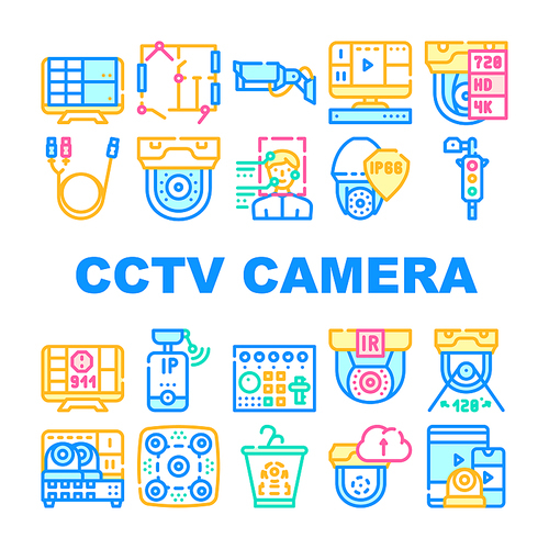 Cctv Camera Security Collection Icons Set Vector. Cctv Camera And Cable, Computer Monitor And Face Identification, Video Recorder And Switcher Concept Linear Pictograms. Contour Color Illustrations
