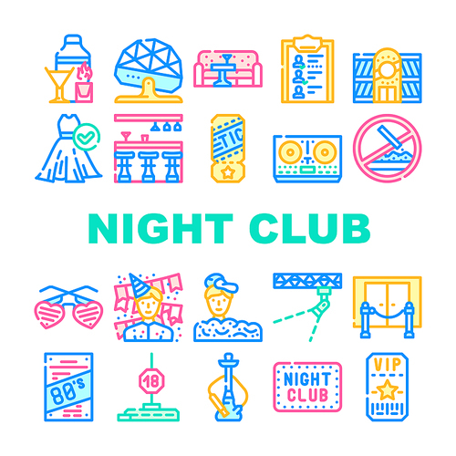 Night Club Dance Party Collection Icons Set Vector. Night Club Lounge Area And Floor Disco Ball, Bar Counter And Dj Equipment Concept Linear Pictograms. Contour Color Illustrations