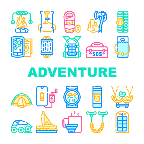 Adventure Equipment Collection Icons Set Vector. Heated Sleeping Bag And Shovel Or Multi Tool Ax, Maps And Rescue Kit For Adventure Concept Linear Pictograms. Contour Color Illustrations