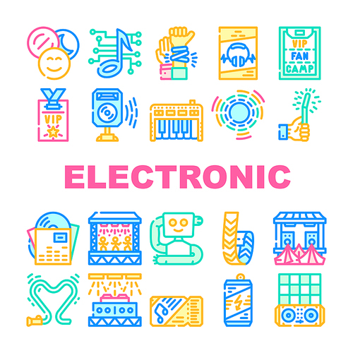 Electronic Dance Music Collection Icons Set Vector. Digital Music And Circular Equalizer, Glow Stick And Bracelet Badge, Ticket And Dj Console Concept Linear Pictograms. Contour Color Illustrations