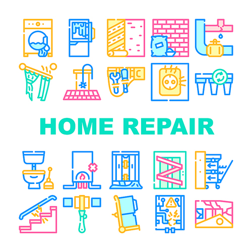 Home Repair Service Collection Icons Set Vector. Washing Machine And Pipe Repair, Defrosting Refrigerator And Installation Of Household Appliances Linear Pictograms. Contour Color Illustrations