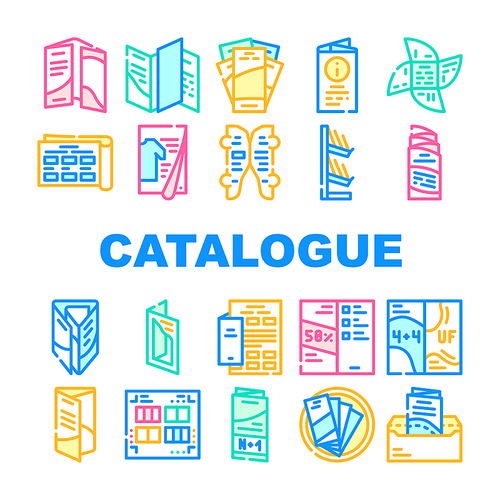 Catalog And Booklet Collection Icons Set Vector. Clothing Fashion Catalog And Promotional Brochure, Informational Flyer And Shelf Concept Linear Pictograms. Contour Color Illustrations