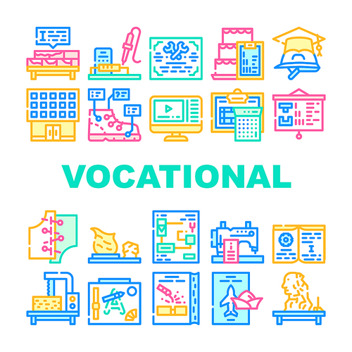 Vocational School Collection Icons Set Vector. Brickwork And Pottery, Cooking And Design Video Courses, Diploma Of Vocational School Concept Linear Pictograms. Contour Color Illustrations