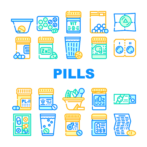 Pills Medicaments Collection Icons Set Vector. Pills Package And Glass With Water, Instruction And Pillbox Container, Medical Treatment Concept Linear Pictograms. Contour Color Illustrations