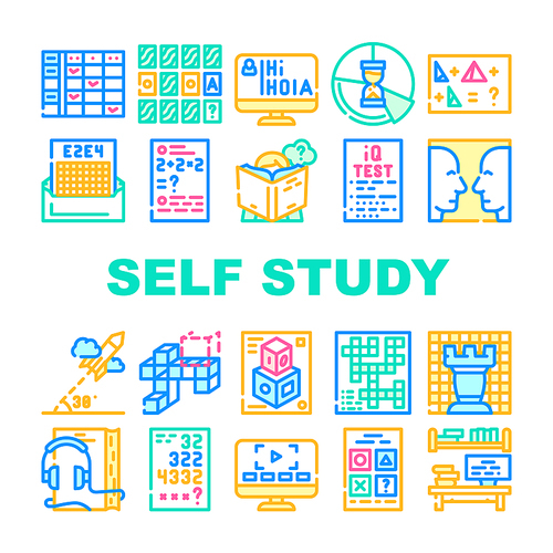 Self Study Lessons Collection Icons Set Vector. Self Study Audiobook And Video Lessons, Chess And Crossword Game, Modeling And Iq Test Concept Linear Pictograms. Contour Color Illustrations