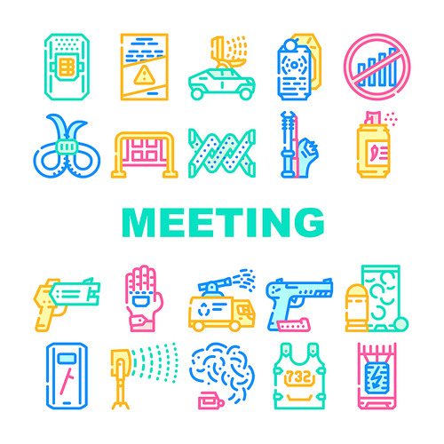 Protests Meeting Event Collection Icons Set Vector. Microwave Gun And Traumatic Gun, Water Jet And Body Armor Protests Equipment Concept Linear Pictograms. Contour Color Illustrations