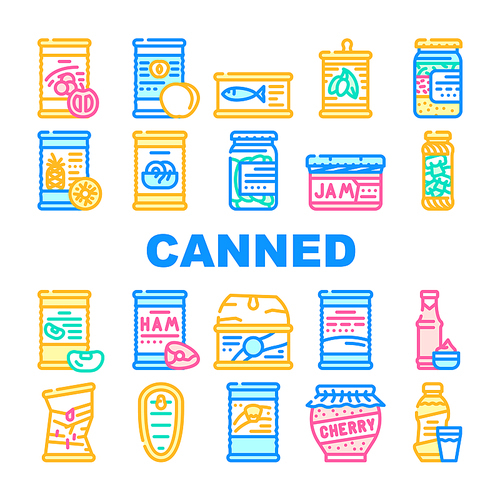 Canned Food Nutrition Collection Icons Set Vector. Canned Peach And Pineapple, Salted Cucumbers And Mushrooms, Sauce And Syrup Concept Linear Pictograms. Contour Color Illustrations