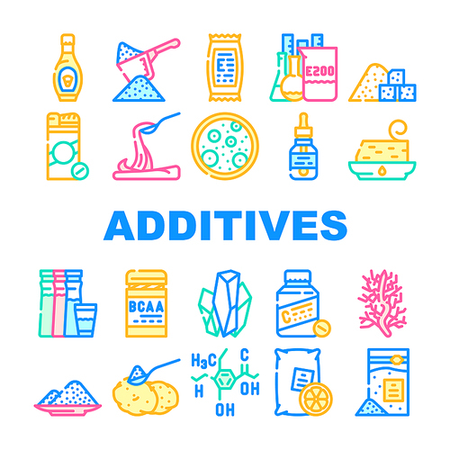 Food Additives Formula Collection Icons Set Vector. Corn Syrup And Sugar Substitute, Chemical Inventory And Amino Acids Food Additives Concept Linear Pictograms. Contour Color Illustrations